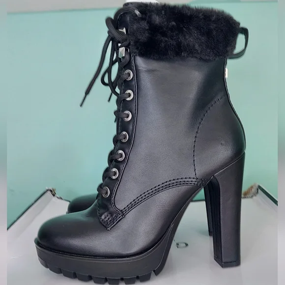 Guess Tetian Black Leather Faux-Fur Lace-Up Stiletto Heeled Boots Women's 9 NWT - Picture 3 of 16